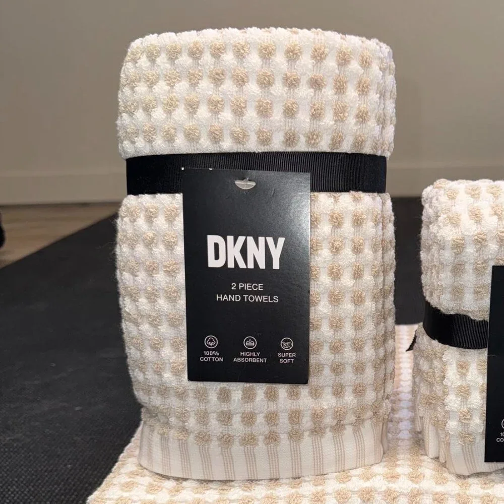 2 Pc. DKNY Monet Tile Beige White Squares Dots Stripes Hand Towel Towels Gingham